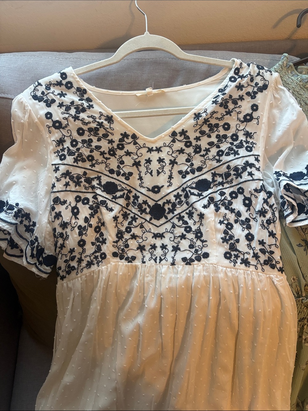 Cream Midi Dress with Black Floral Embroidery